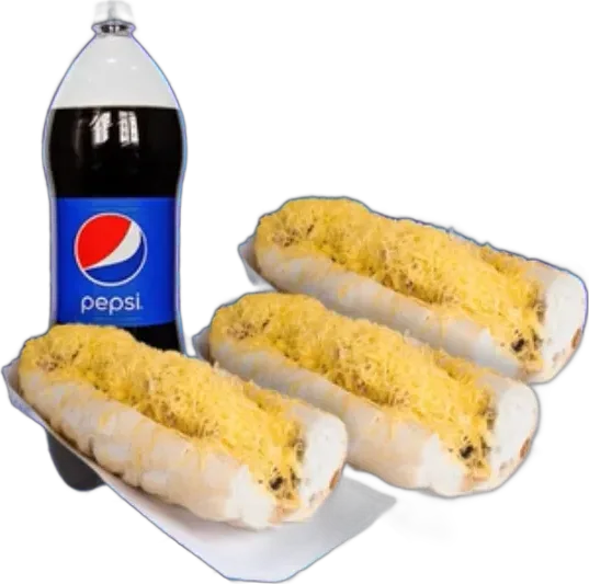 Tres pepitos con queso amarillo rallado y un refresco de 1 litro